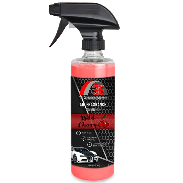 16 oz spray bottle of 3E Wild Cherry Car Air Freshener & Long-Lasting Odor Eliminator with bold fruity fragrance and odor-fighting formula.