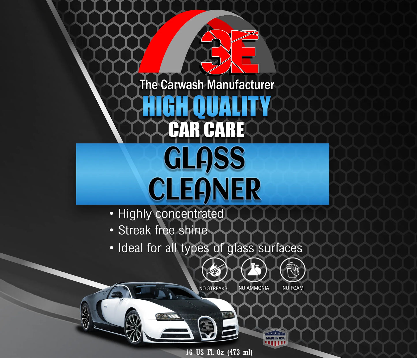 3E Glass Cleaner Blue label, streak free auto glass cleaner with no ammonia and no foam for car windows and windshields.