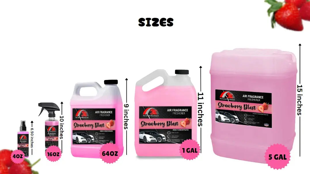 3E Strawberry Blast Air Freshener size chart showing 4oz spray, 16oz bottle, 64oz half gallon, 1 gallon, and 5 gallon containers with product height measurements.