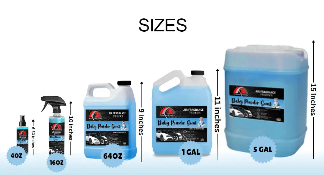 3E The Carwash Manufacturer Baby Powder Air Freshener and Car Odor Eliminator available in 4oz to 5 gallon sizes.