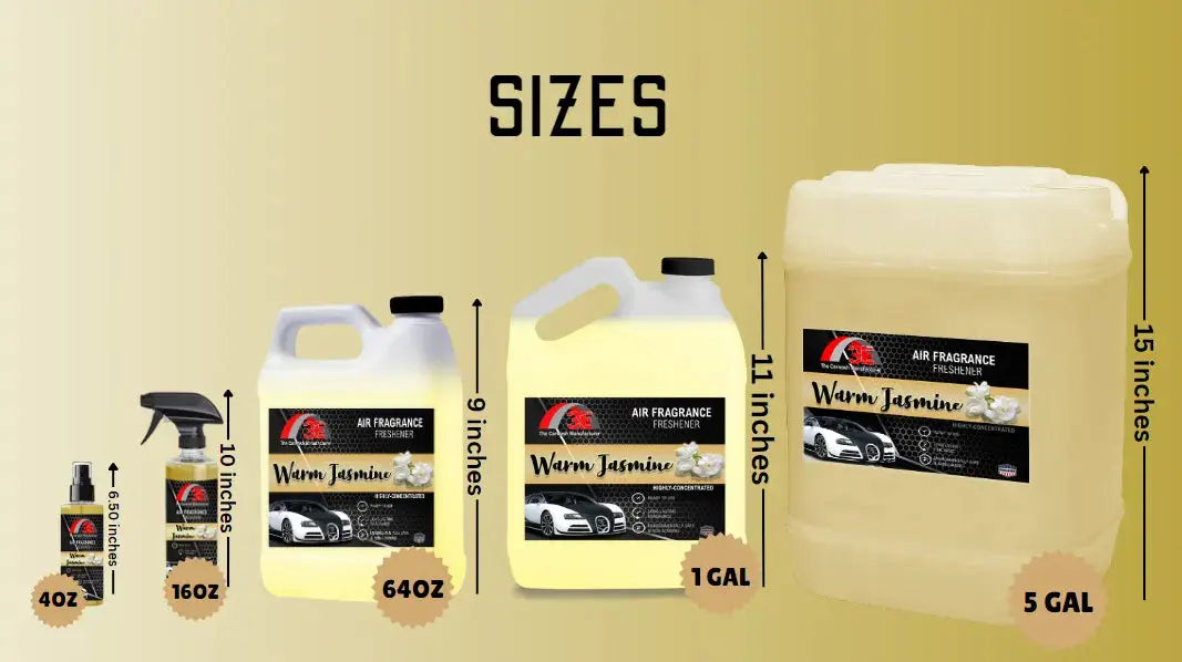 3E Warm Jasmine Air Freshener size options – 4oz, 16oz, 64oz, 1 gallon, and 5 gallon containers.