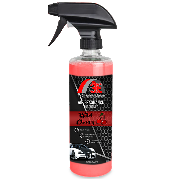 Front view of 16 oz Wild Cherry car air freshener spray bottle with clear label and trigger spray nozzle