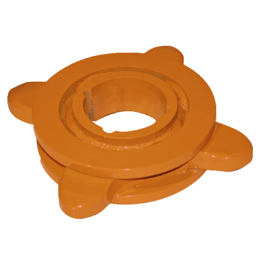 4-tooth sprocket for log chain conveyor made of heat-treated steel with taper-lock hub design.