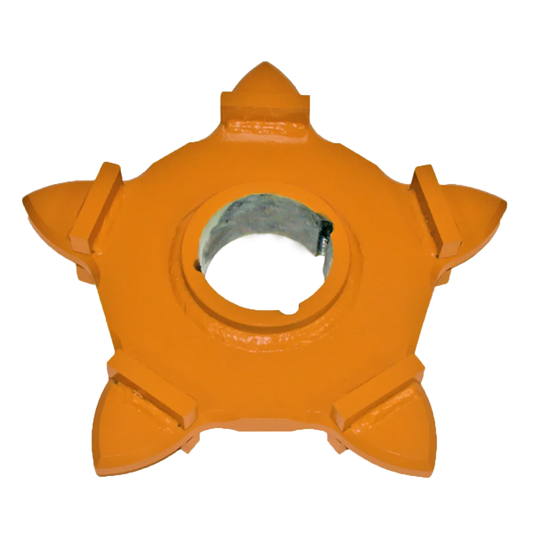 5-tooth sprocket for log chain conveyor made of heat-treated steel with taper-lock drive design.