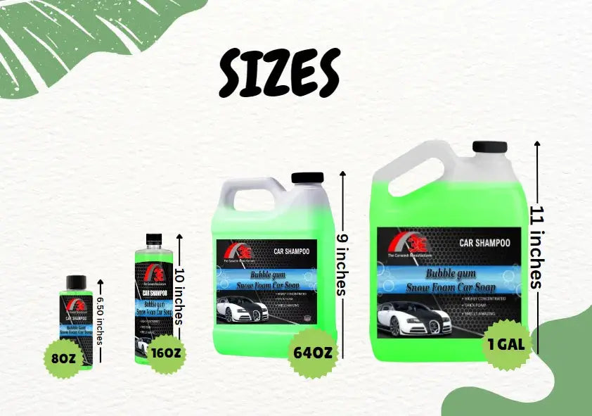 Bubblegum Snow Foam Car Shampoo size chart – 8oz, 16oz, 64oz, 1 gallon high foaming car wash soap.