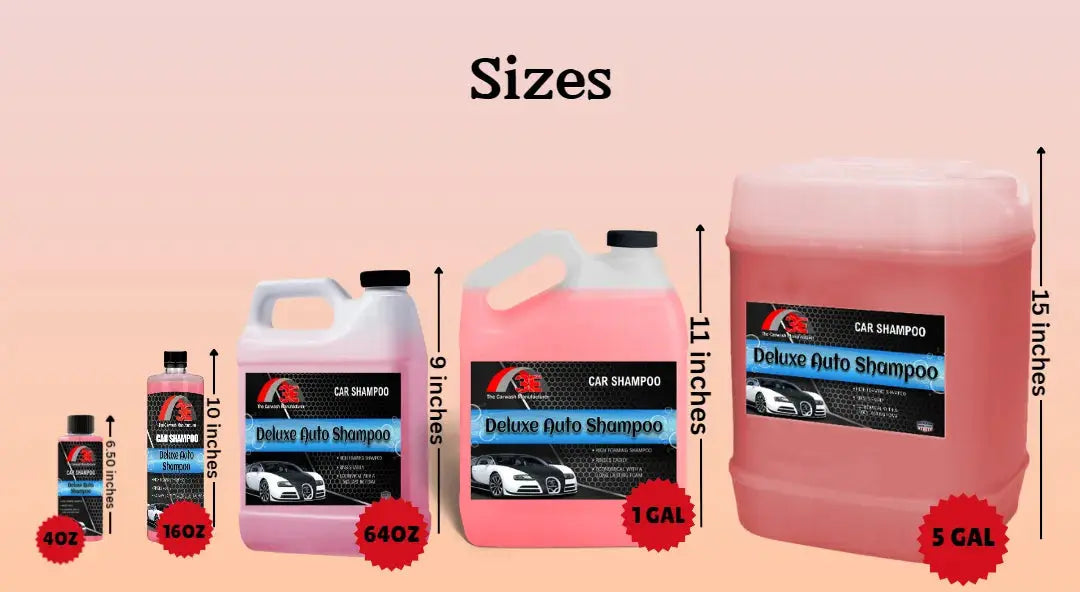 Deluxe Auto Shampoo sizes 4oz, 16oz, 64oz, 1gal, 5gal high foaming car shampoo and car wash soap.