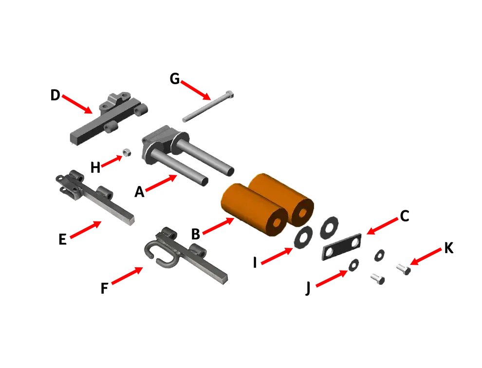 Exploded view of 2 Wheel Surface Roller Assembly w BRH-188 showing UHMW wheels, steel frame, and roller components.