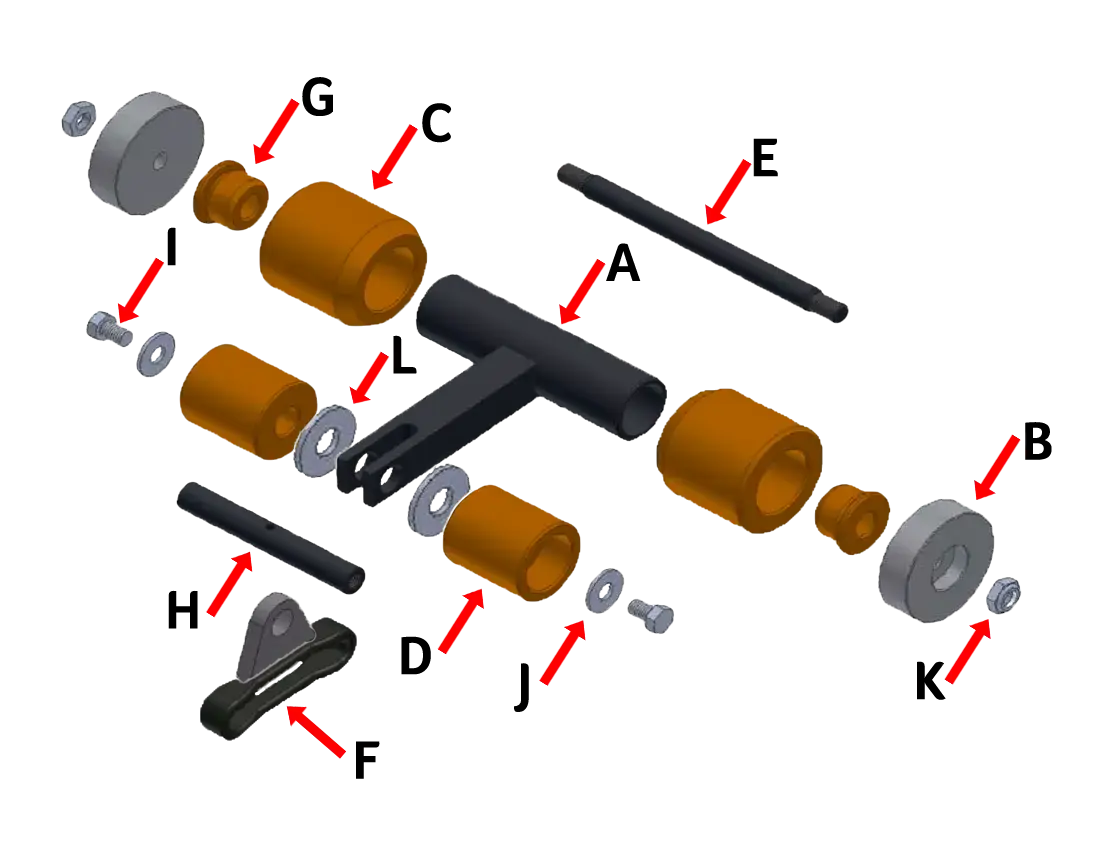 Exploded view of 4 Wheel PECO Roller Assembly with X458 Link showing roller, shaft, idler wheels, and hardware components.