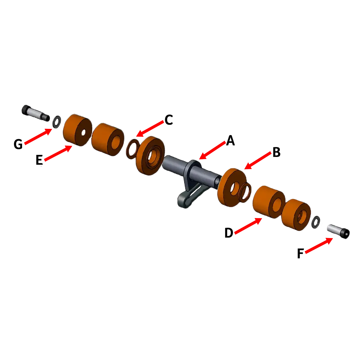 Exploded view of Belanger DuraTrans roller assembly with X458 carrier link showing UHMW rollers, spacers, and hardware parts.