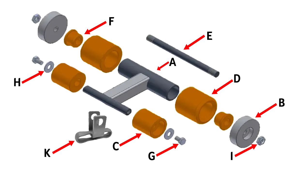 Exploded view of RCV Econocraft Surface Roller Assembly w X458 Carrier Link – includes UHMW rollers, frame, shaft, washers, and mounting hardware by 3E The Carwash Manufacturer.