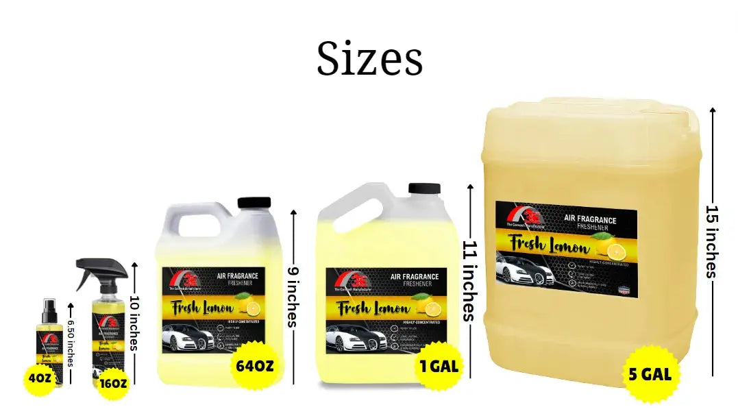 Fresh Lemon Air Freshener sizes – 4oz, 16oz, 64oz, 1 gallon, and 5 gallon containers by 3E The Carwash Manufacturer.