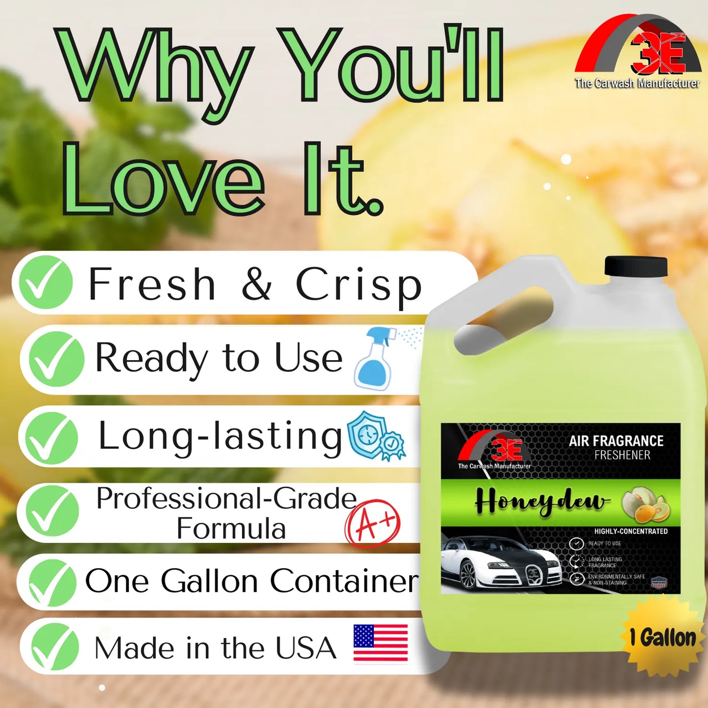 Honeydew Air Freshener feature graphic highlighting fresh, crisp scent, long-lasting formula, ready-to-use, USA-made 1 gallon size.