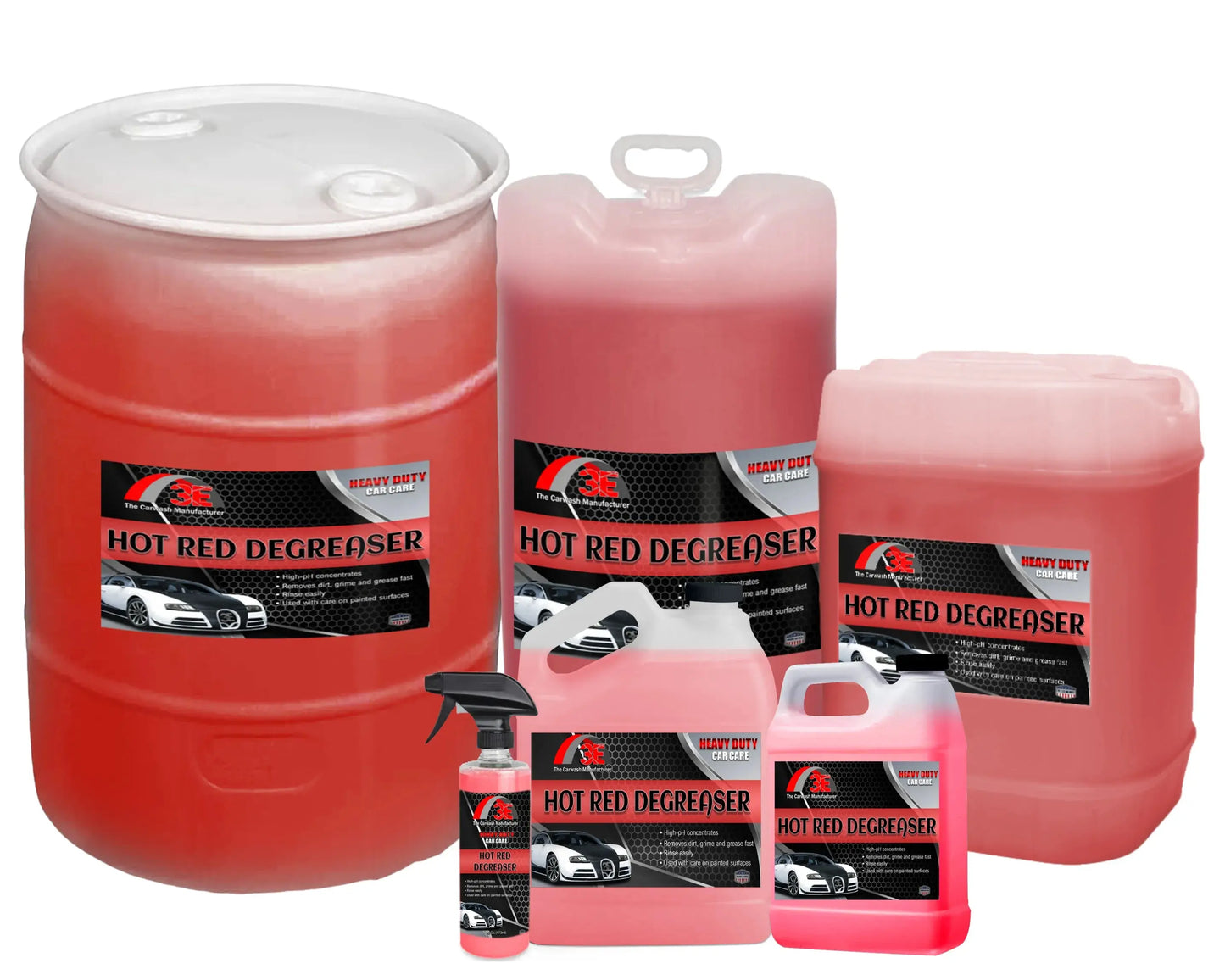 Hot Red Car & Engine Degreaser in multiple sizes – heavy duty automotive degreaser for engines, wheels, and tires.