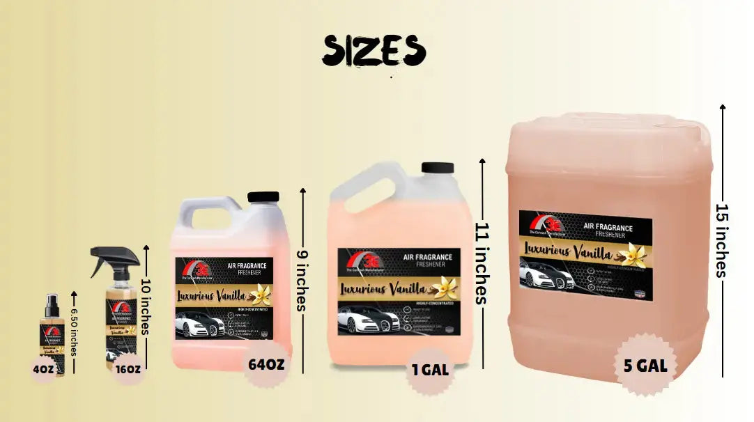 Luxurious Vanilla Car Air Freshener available in 4oz, 16oz, 64oz, 1 gallon, and 5 gallon sizes.