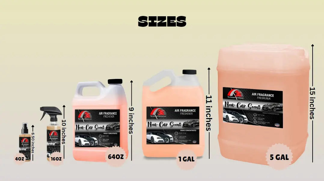 New Car Scent Air Freshener size chart showing 4oz, 16oz spray, 64oz, 1 gallon, and 5 gallon containers by 3E, long-lasting odor eliminator for cars and businesses.