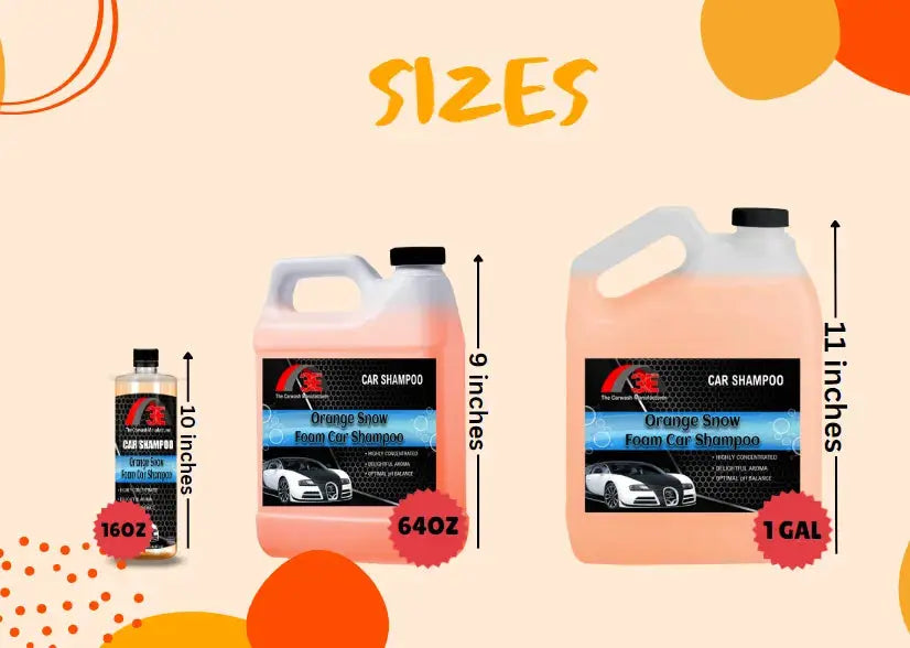 Orange Snow Foam Car Shampoo size chart showing 16oz, 64oz, and 1 gallon high foaming car wash soap.