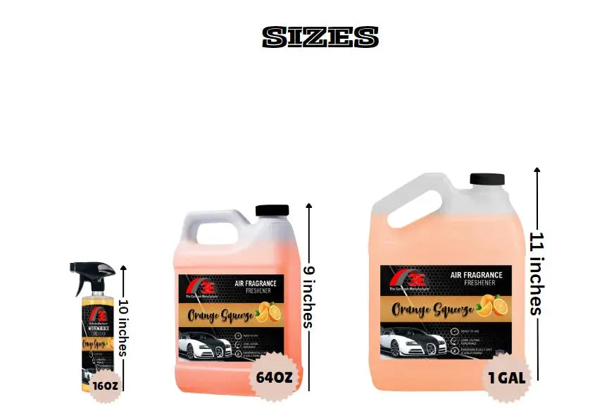 Orange Squeeze Air Freshener & Odor Eliminator available in 16 oz spray, 64 oz, and 1 gallon sizes with dimensions shown.