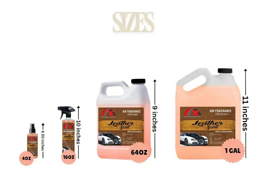 Premium Leather Air Freshener size chart showing 4oz, 16oz, 64oz, and 1 gallon containers with measurements.