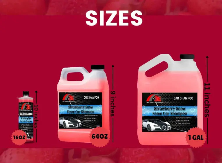 Strawberry Snow Foam Car Shampoo sizes – 16oz, 64oz, and 1 gallon bottles of high foaming car wash soap.