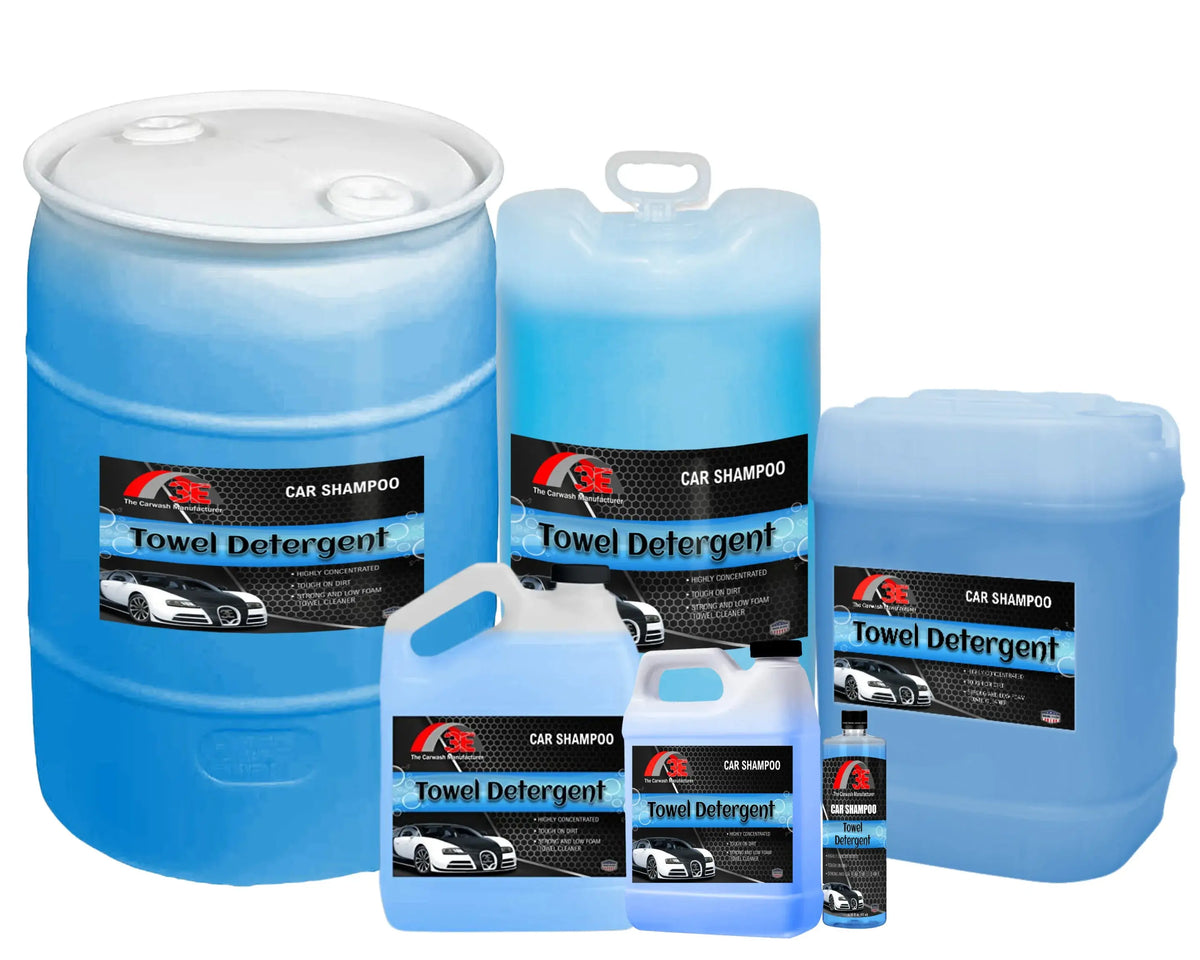 Towel Detergent Car Shampoo & Car Wash Soap size chart showing 16oz, 64oz, 1 gallon, 5 gallon, 15 gallon, and 30 gallon.