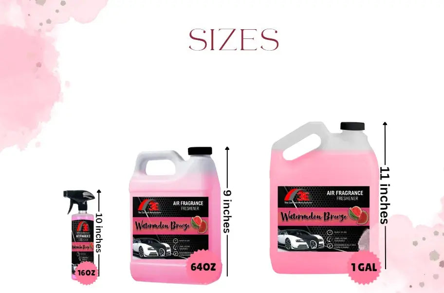 Watermelon Breeze Air Freshener size options – 16 oz spray bottle, 64 oz container, and 1 gallon jug, long-lasting odor eliminator by 3E The Carwash Manufacturer.