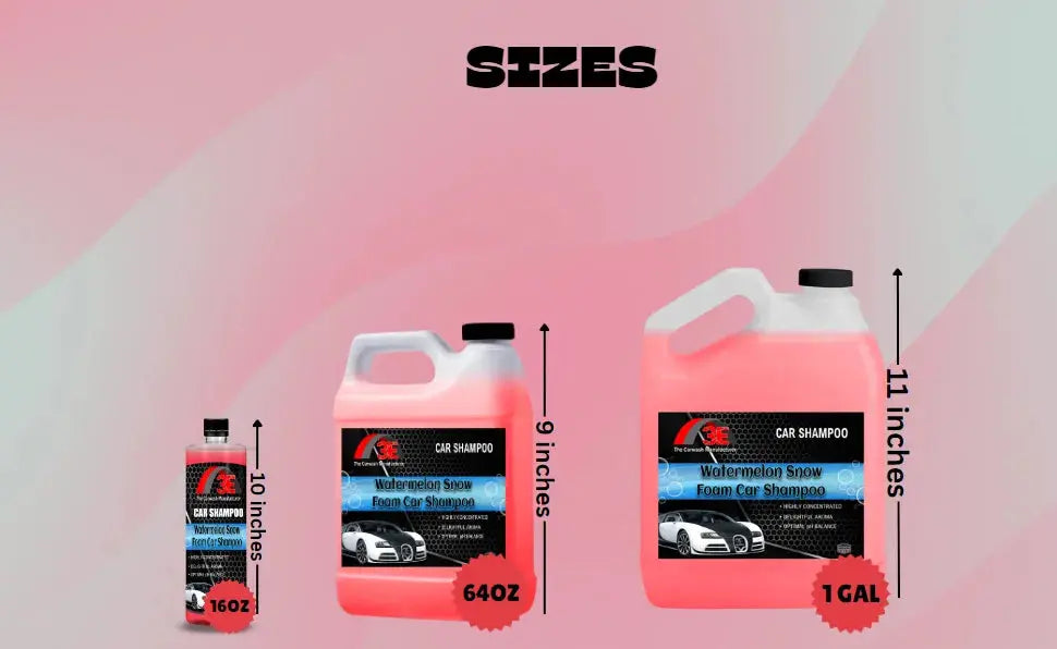 Watermelon Snow Foam Car Shampoo size chart showing 16oz, 64oz, and 1 gallon high foaming car wash soap.