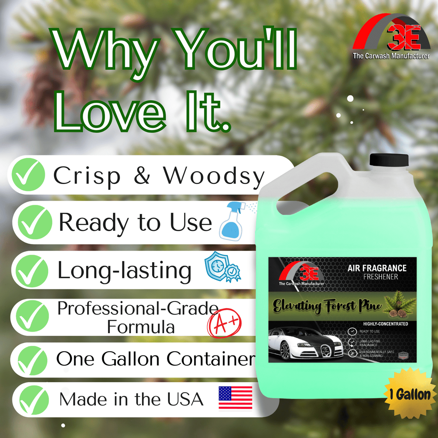 Elevating Forest Pine Air fragrance freshener container with features listed and a tree in the background