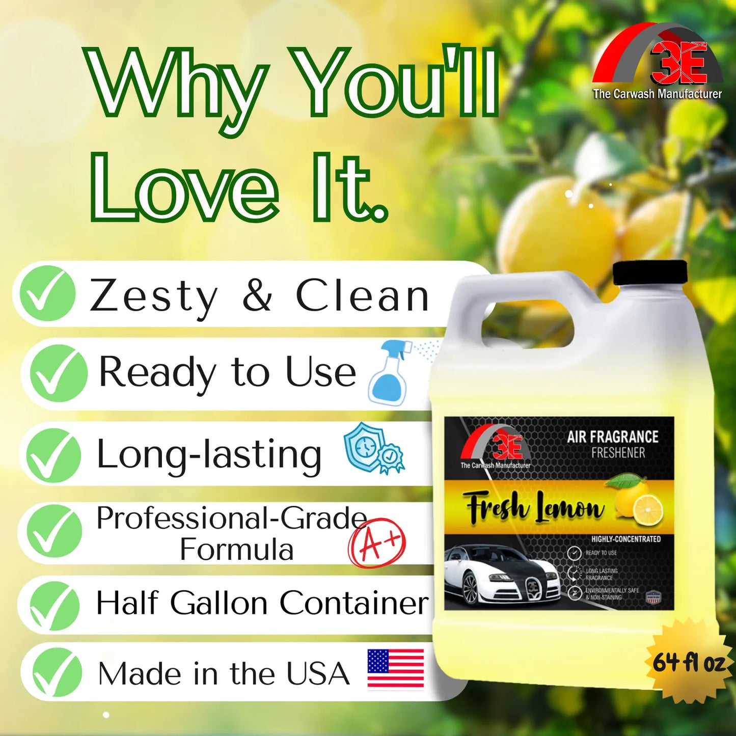 Why You’ll Love It graphic for Fresh Lemon Air Freshener 64oz highlighting zesty scent, long-lasting, pro-grade formula.