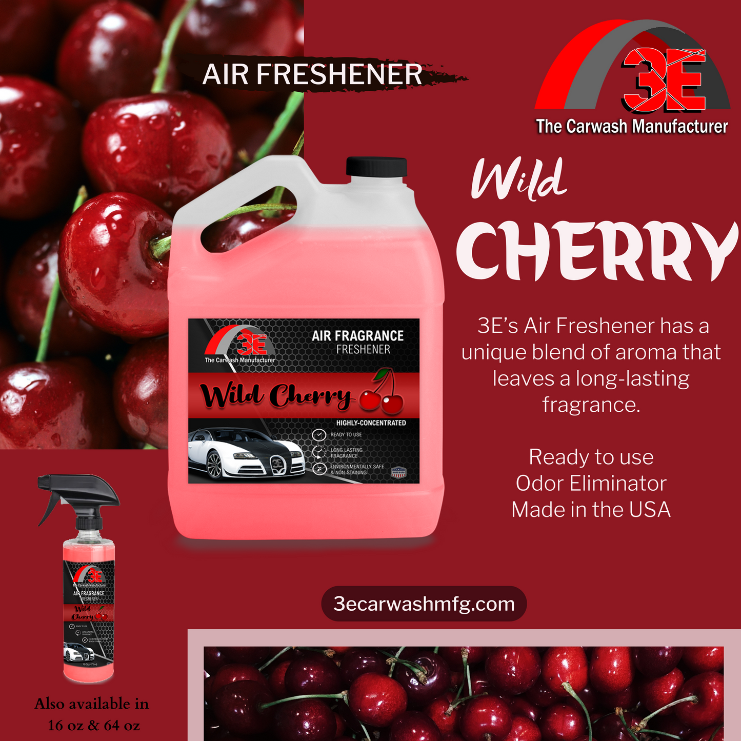 Front view of 1 Gallon Wild Cherry Air Freshener bottle with red label and handle