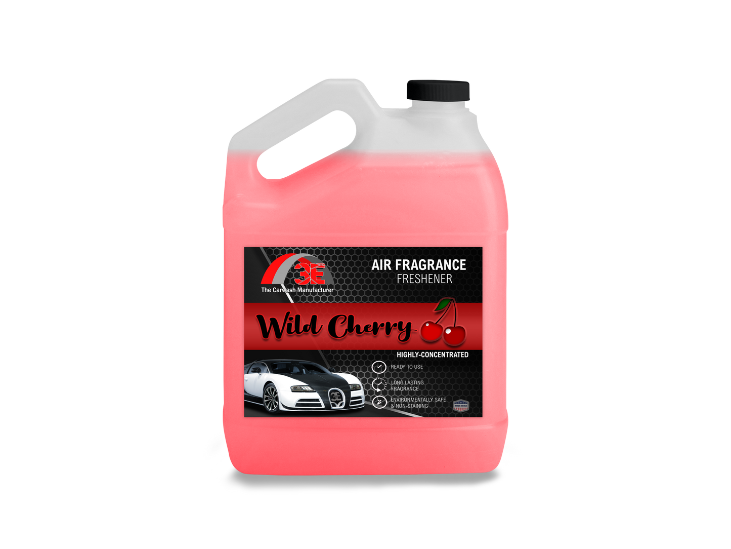 Front view of 1 Gallon Wild Cherry car air freshener bottle with handle and label