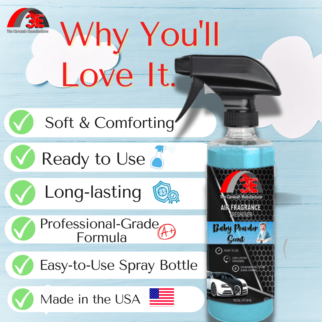 Bottle of 3E Baby Powder Air Freshener spray for cars and homes
