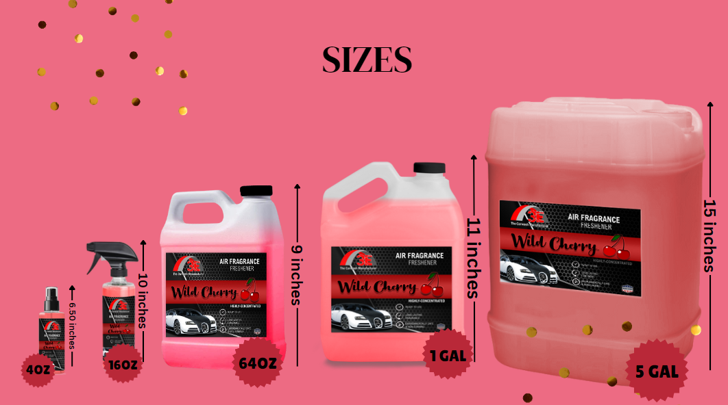 Comparison of 4oz, 16oz, 64 oz, 1 gallon, and 5 gallon Wild Cherry Air Freshener bottles with red cherry-themed labels. The 4 oz is 6.5 inches bottle, 16 oz bottle spray is 10 inches tall, 64 oz bottle is 9 inches tall, the 1-gallon bottle is 11 inches tall, and the 5-gallon pail is 15 inches tall, clearly labeled to show size differences