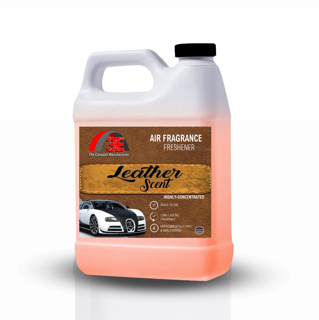 Close-up of leather scent air freshener 64 oz bottle front