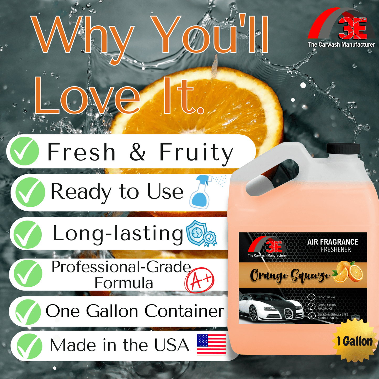 Orange-scented air freshener container with product features listed and a car wash manufacturer logo.