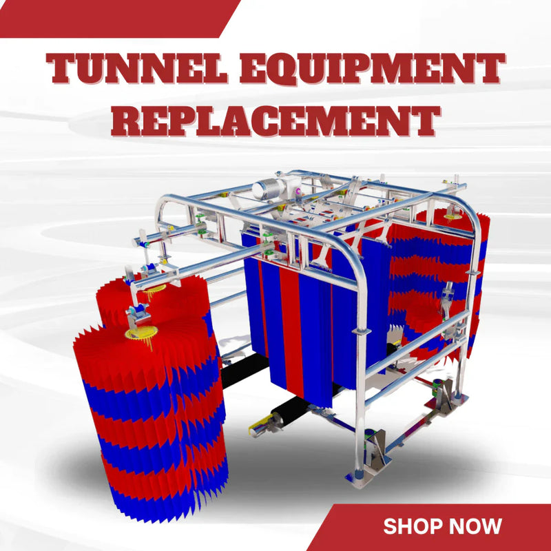 3D model of tunnel car wash equipment featuring red and blue wrap-around brushes for automatic car wash systems.