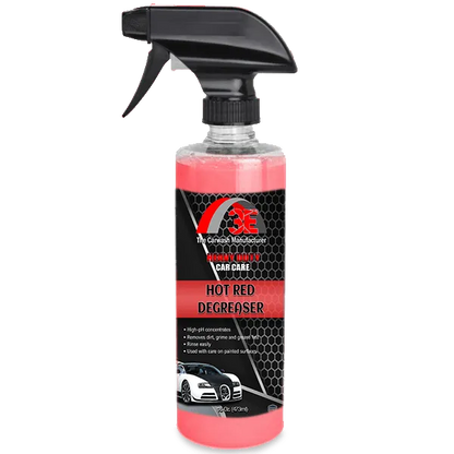 16 oz Hot Red Car & Engine Degreaser spray bottle – heavy duty automotive degreaser for engines, wheels, and tires display image.