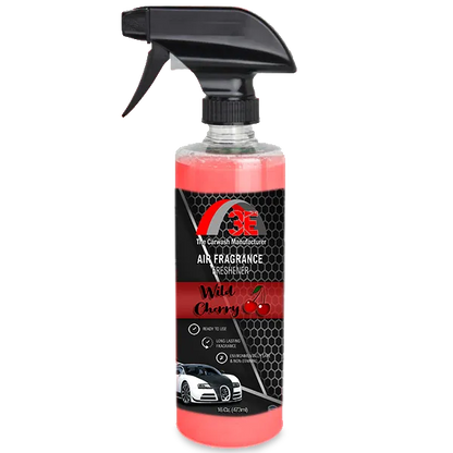 16 oz spray bottle of 3E Wild Cherry Car Air Freshener & Long-Lasting Odor Eliminator with bold fruity fragrance and odor-fighting formula.