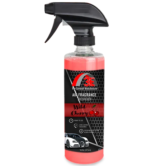 16 oz spray bottle of 3E Wild Cherry Car Air Freshener & Long-Lasting Odor Eliminator with bold fruity fragrance and odor-fighting formula.
