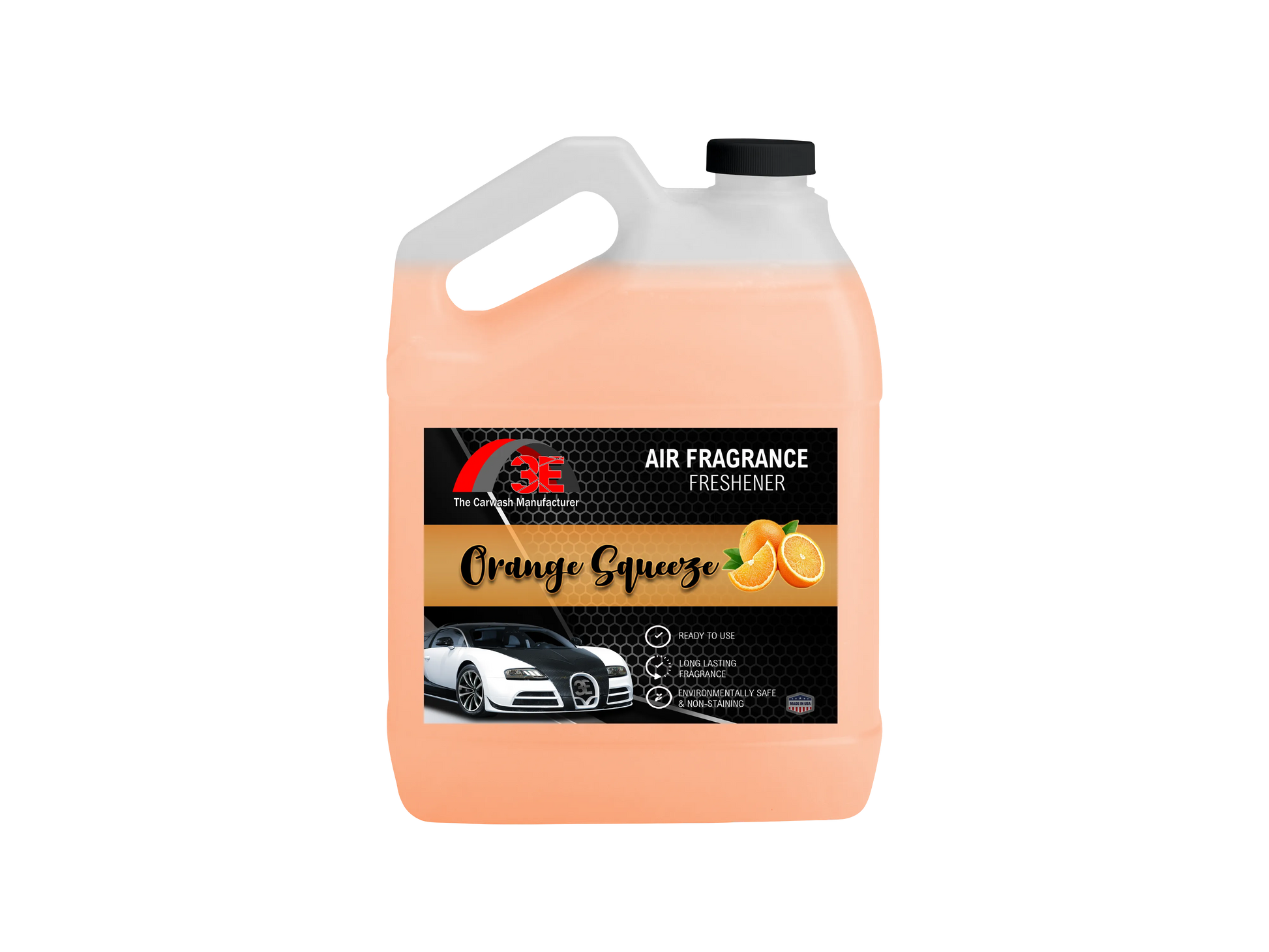1 gallon Orange Squeeze Air Freshener & Odor Eliminator jug with long-lasting citrus fragrance for cars, homes, and businesses display image.