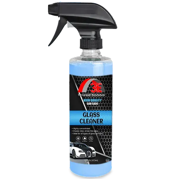 3E Glass Cleaner Blue 16oz spray bottle, streak free glass cleaner and automotive glass cleaner for car windows display image.