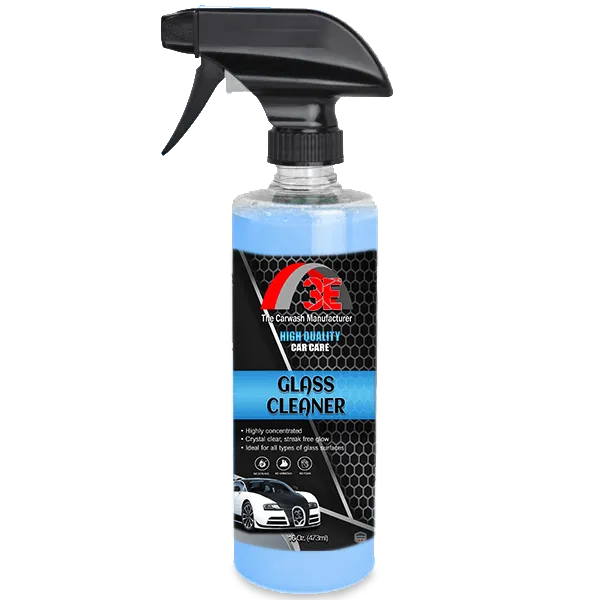 3E Glass Cleaner Blue 16oz spray bottle, streak free glass cleaner and automotive glass cleaner for car windows display image.