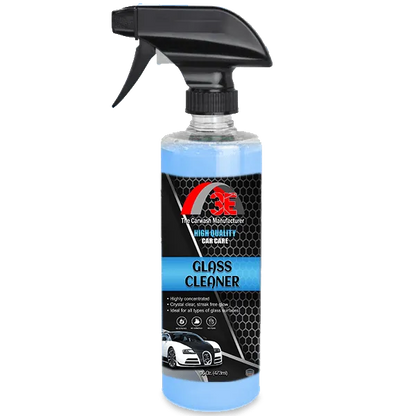 3E Glass Cleaner Blue 16oz spray bottle, streak free glass cleaner and automotive glass cleaner for car windows display image.