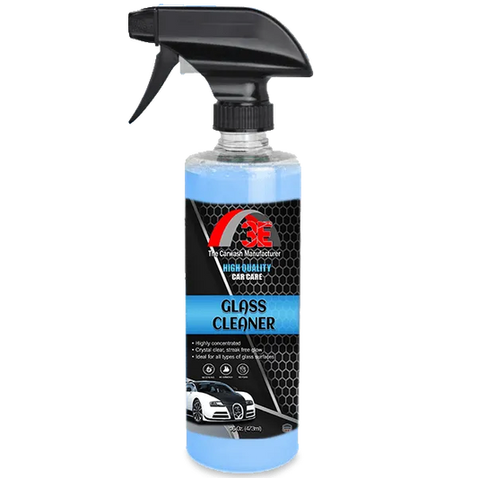 3E Glass Cleaner Blue 16oz spray bottle, streak free glass cleaner and automotive glass cleaner for car windows display image.