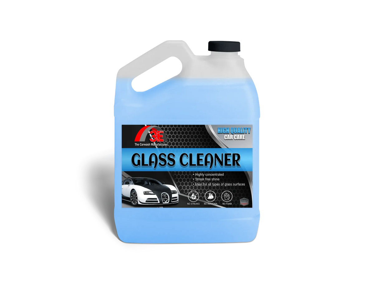 3E Glass Cleaner Blue 1 gallon jug, streak free glass cleaner and ammonia free car windshield cleaning solution display image.