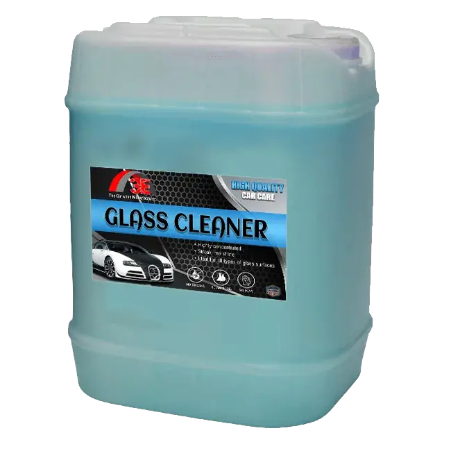 3E Glass Cleaner Blue 5 gallon container, streak free auto glass cleaner and ammonia free car window cleaning solution display image.