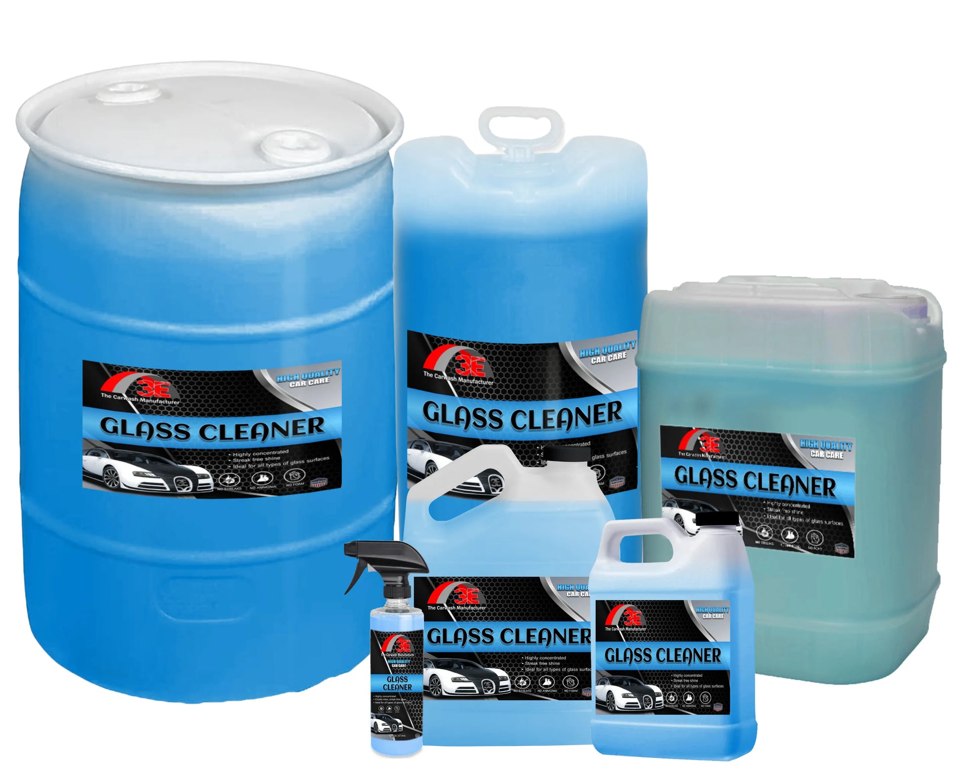 3E Glass Cleaner Blue all sizes, streak free auto glass cleaner and ammonia free car window cleaning solution.