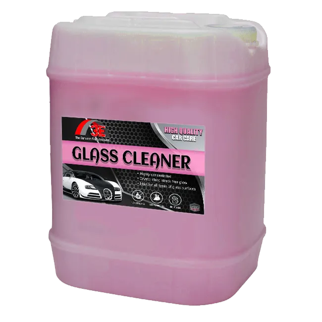 3E Glass Cleaner Pink 5 gallon container, ammonia free car window glass cleaner and windshield cleaning solution display image.