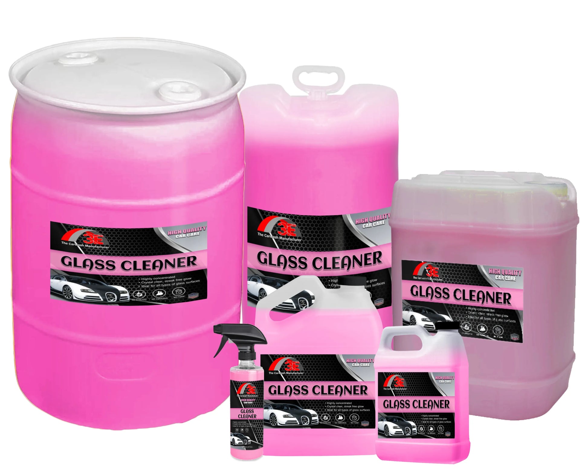 3E Glass Cleaner Pink all sizes, streak free auto glass cleaner and ammonia free car window cleaning solution.