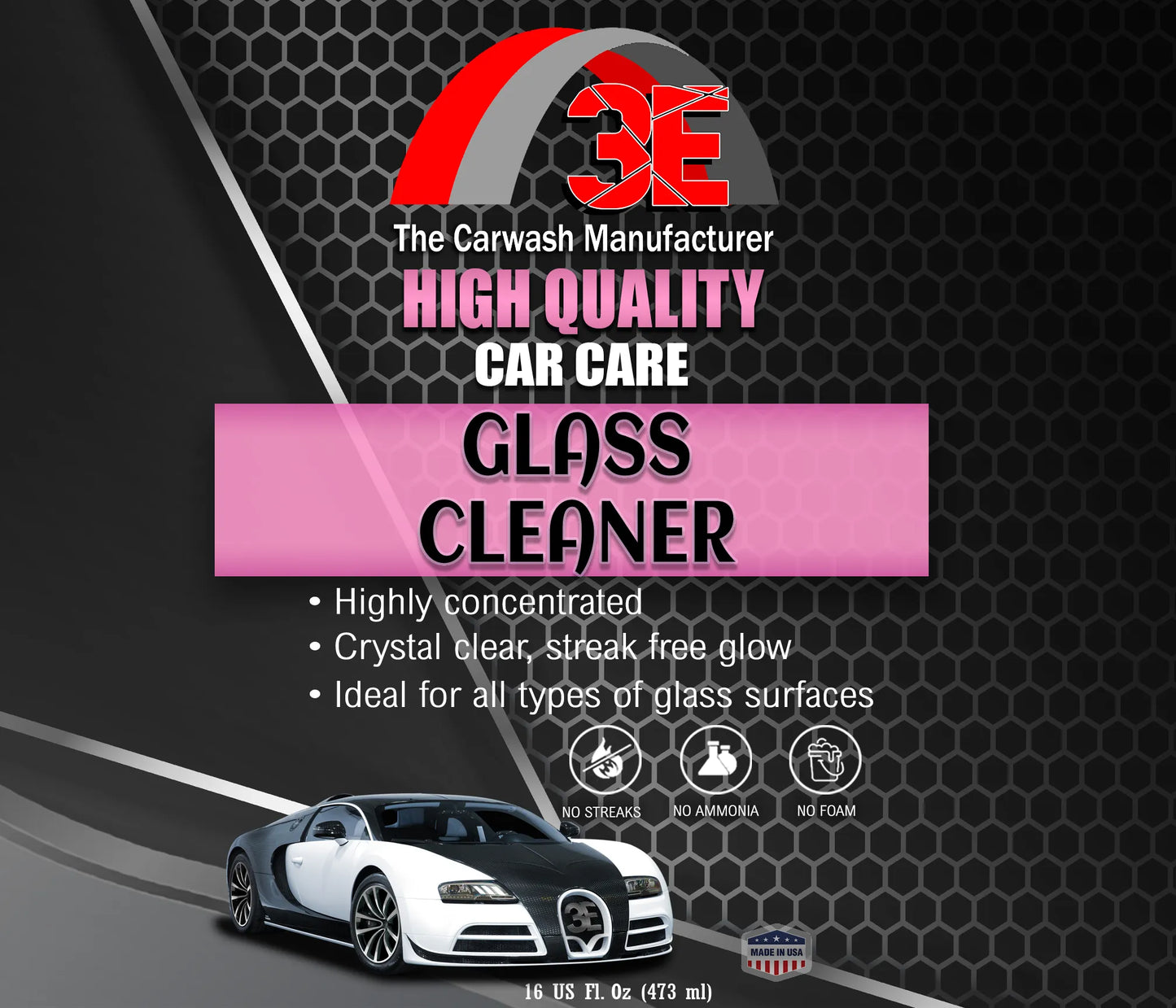 3E Glass Cleaner Pink label, streak free auto glass cleaner with no ammonia and no foam for car windows.