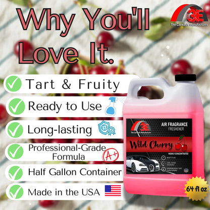 3E Wild Cherry Car Air Freshener – tart and fruity, ready to use, long-lasting odor eliminator, professional-grade, half-gallon container, made in the USA.